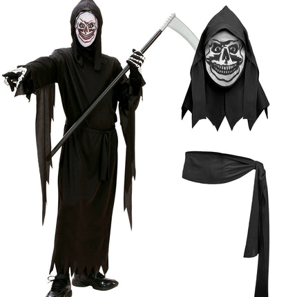 Grimreaper pak kinderen met los capuchonmasker met doodskopprint en zwarte ceintuur