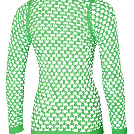 Groen visnet shirt dames van achteren, doorlopend netpatroon in de mouwen