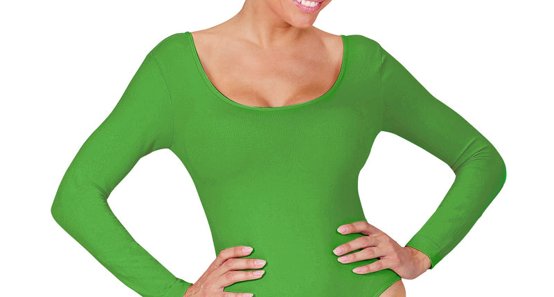 Groene body voor dames met lange mouwen en een ruime ronde hals, vooraanzicht