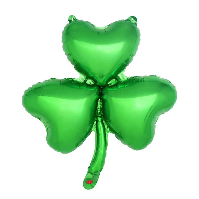 Groene folieballon klavertje met drie hartvormige blaadjes, lange steel en rood vulventiel