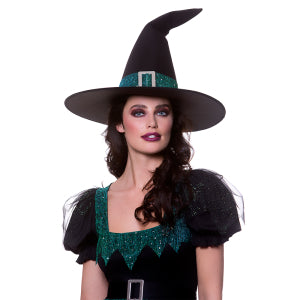 Groene glitterrand aan het lijfje van de heksenjurk Emerald dames, gedragen op een griezelfeest