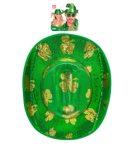 Groene paillettenhoed met gouden klavers, bovenaanzicht met verpakking