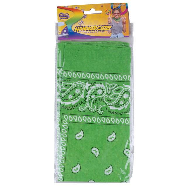 Groene paisley bandana opgevouwen in de verpakking van Funny Fashion