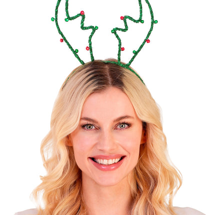 Groene rendier hoofdband op los blond haar, gewei met rinkelende belletjes