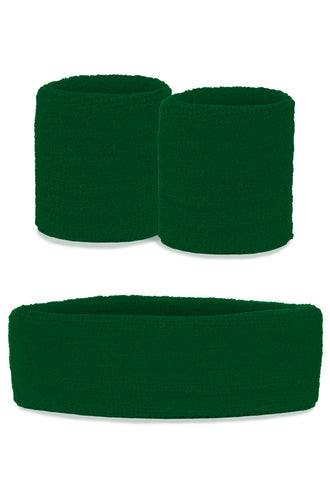 Groene zweetbandjes set 3-delig met brede hoofdband en twee polsbandjes in geribbelde badstof
