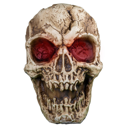 Groot skeletten schedel van pvc, vooraanzicht met bloedrode oogkassen en open kaak, Halloween decoratie
