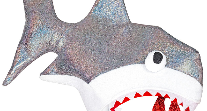Haai hoed attack in zilvergrijs met witte kaak, rode tanden en glitter bloeddruppels