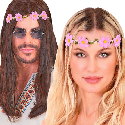 Haarband bloemen paars gedragen door dame en heer over lang hippiehaar