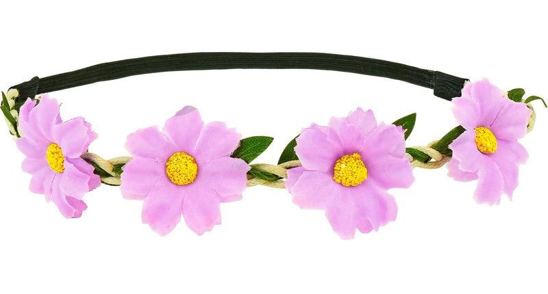 Haarband bloemen paars met vier lila stoffen bloemen op gevlochten koord en zwarte band