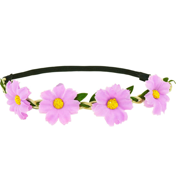 Haarband bloemen paars met vier lila stoffen bloemen op gevlochten koord en zwarte band