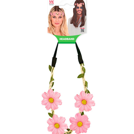 Haarband bloemen roze in verpakking van Widmann, roze bloemen met groene blaadjes