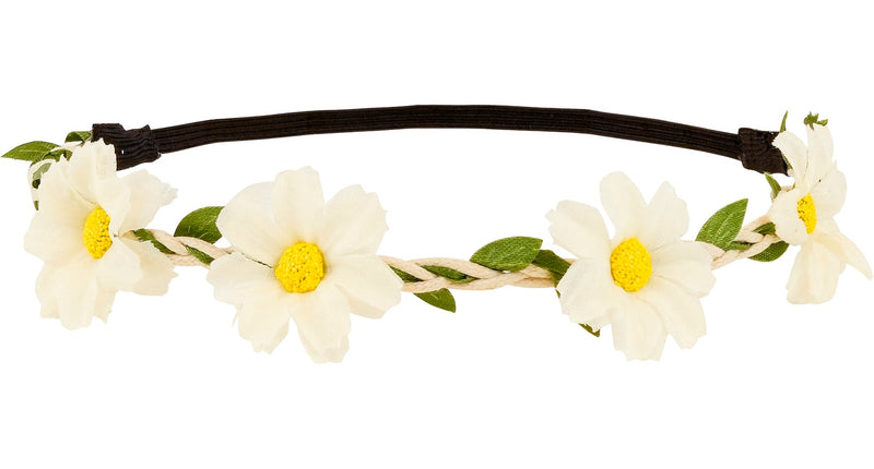 Haarband bloemen wit met vier witte bloemen, gele hartjes en zwarte elastische band