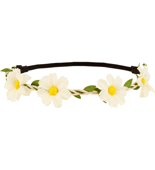 Haarband bloemen wit met vier witte bloemen, gele hartjes en zwarte elastische band