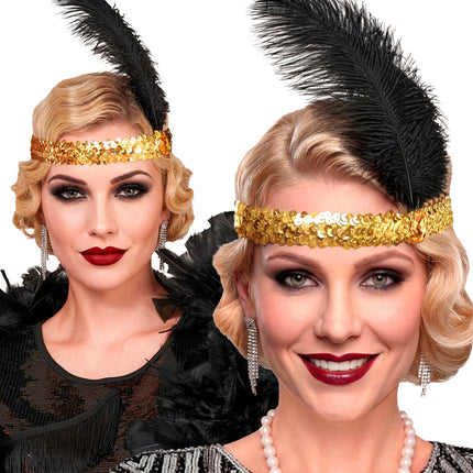 Haarband jaren 20 goud gedragen door twee dames met flapperkapsel bij een charlestonfeest