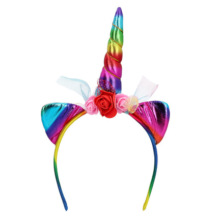 Haarband uit de eenhoorn verkleedset Starlight met gedraaide regenbooghoorn, glanzende oortjes en roosjes