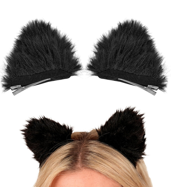 Haarclips kat oortjes zwart met metalen clips, los en opgezet in blond haar