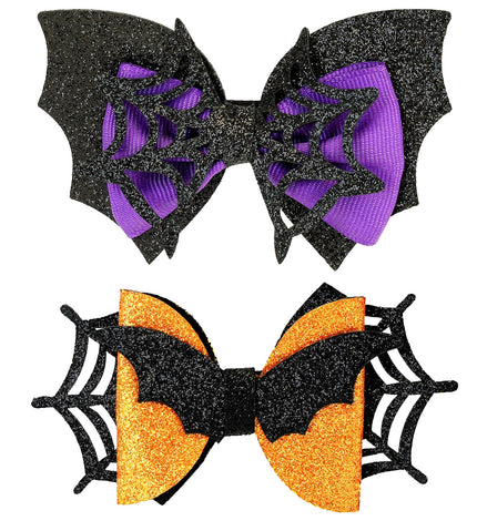 Haarclips vleermuis en spinnenweb, zwart glitter met paars en oranje lint, voor Halloween