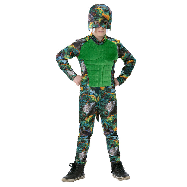 Hagedis Finn kinderkostuum met leguanenprint, groen spierpaneel en masker met tanden