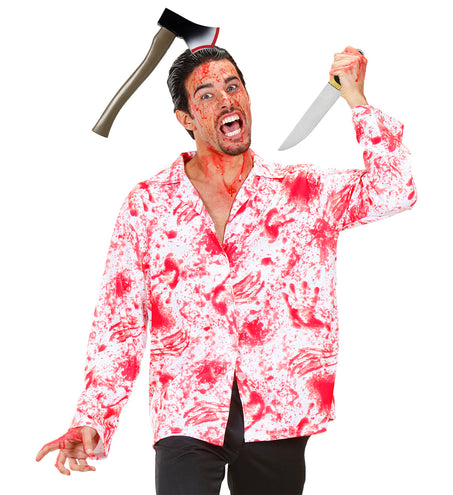 Hakbijl in hoofd op het haar gecombineerd met bebloed shirt op een horrorfeest