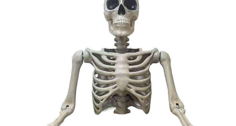 Half skelet 104 cm in botkleur met schedel, open ribbenkast en uitgestrekte armen als halloweendecoratie