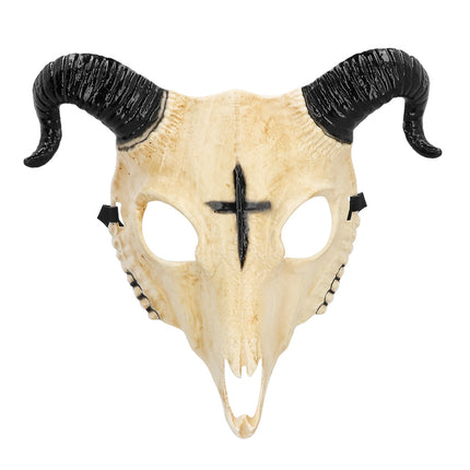 Halfmasker Demon ram crème van voren met zwart kruis op het voorhoofd en een tandenrij langs de zijkanten