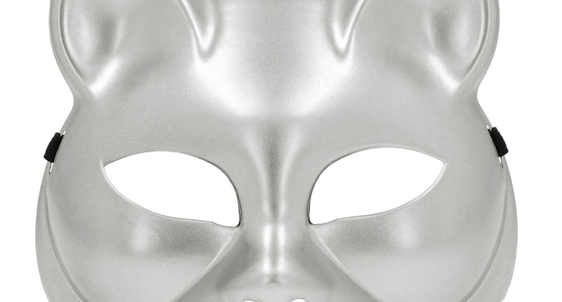 Halfmasker kitty zilver, kattenmasker van kunststof met spitse oren en amandelvormige ooggaten