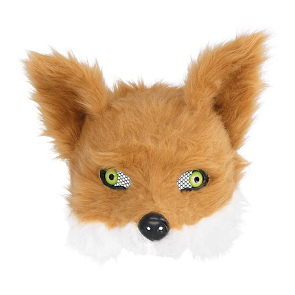 Halfmasker vos van pluche, vooraanzicht met spitse oren, groene ogen en zwart neusje