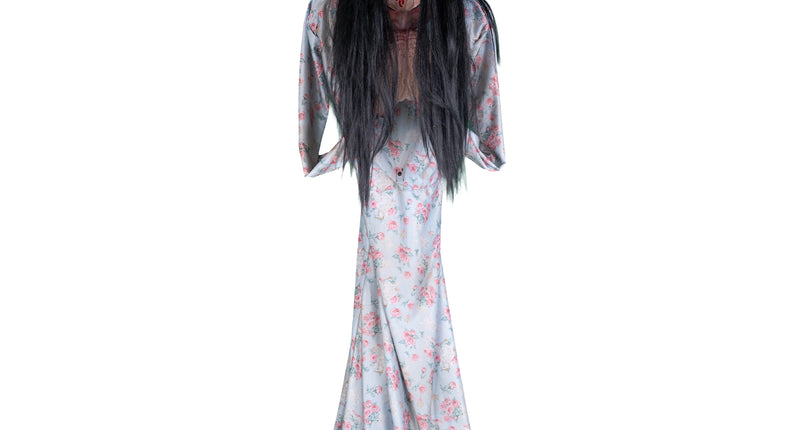 Halloween animatronic Beatrice 200 cm, spookmeisje in lichtblauwe rozenjurk met lang zwart haar