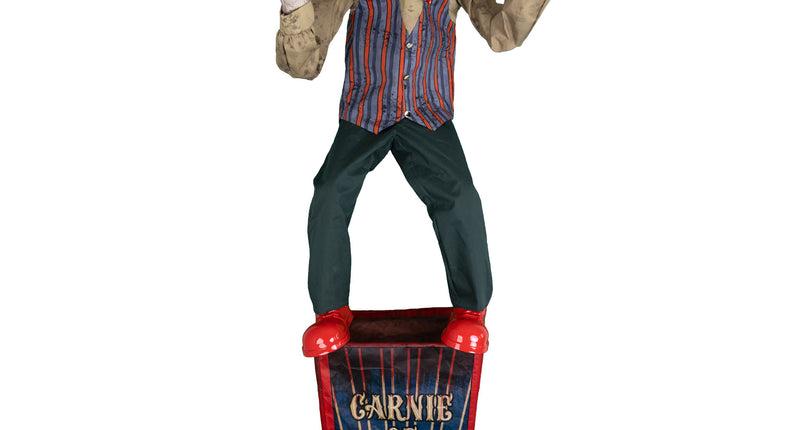 Halloween animatronic Speakin' Spencer 225 cm, horrorclown met megafoon op Carnie of Souls-sokkel