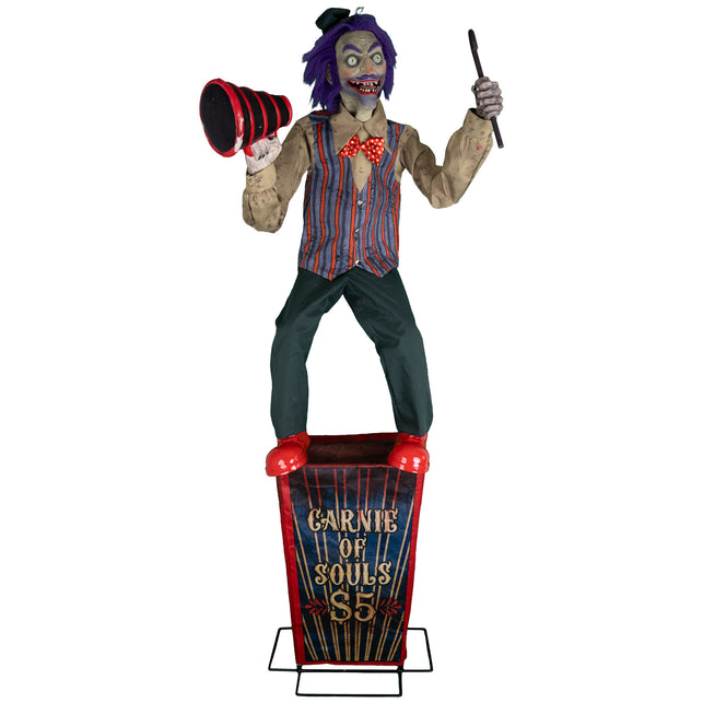 Halloween animatronic Speakin' Spencer 225 cm, horrorclown met megafoon op Carnie of Souls-sokkel