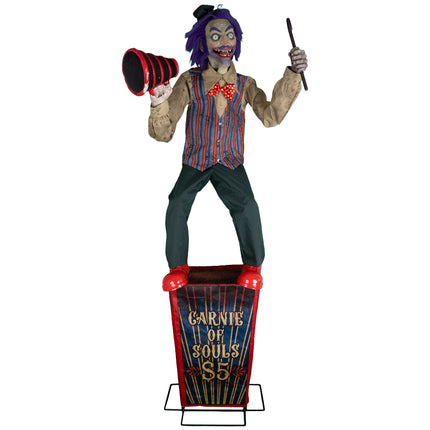 Halloween animatronic Speakin' Spencer 225 cm, horrorclown met megafoon op Carnie of Souls-sokkel