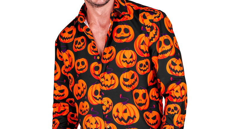 Halloween blouse pompoen Edgar, zwart herenhemd met oranje pompoenkoppen, voor Halloween