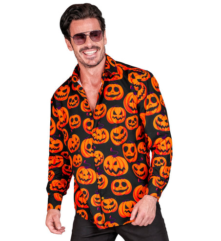 Halloween blouse pompoen Edgar, zwart herenhemd met oranje pompoenkoppen, voor Halloween