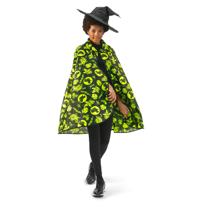 Halloween cape fluo met fluorgroene heksen- en vleermuisprint op zwart, vooraanzicht voor Halloween