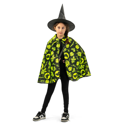 Halloween cape fluo kind vooraanzicht met wijd uitlopende zoom en fluogele maansilhouetten