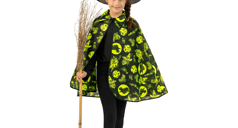 Halloween cape fluo kind, zwarte cape met neongele heksen- en vleermuizenprint voor Halloween