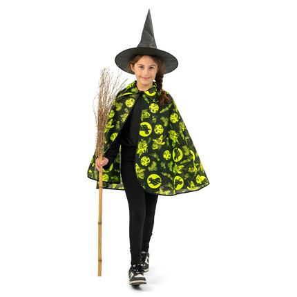 Halloween cape fluo kind, zwarte cape met neongele heksen- en vleermuizenprint voor Halloween