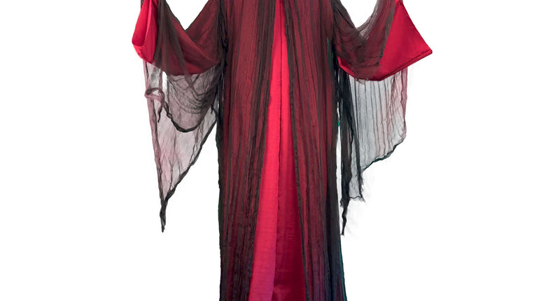 Halloween decoratiepop van 210 cm in rood-zwart gewaad met capuchon, skeletgezicht en oplichtende ogen