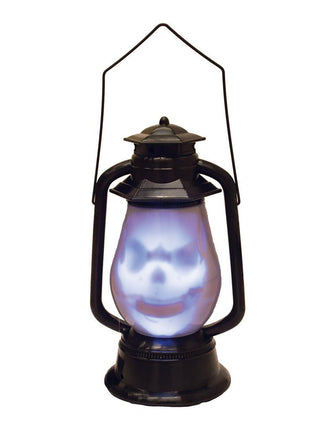 Halloween lantaarn zwart met oplichtend schedelgezicht achter mat glas, 30 cm hoog, voor griezeldecoratie