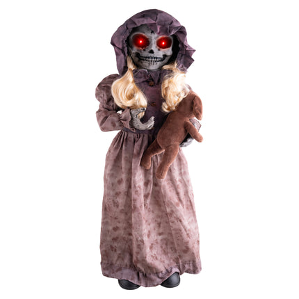 Halloween pop met draaiend hoofd, schedelgezicht met rood oplichtende ogen en paarse kap