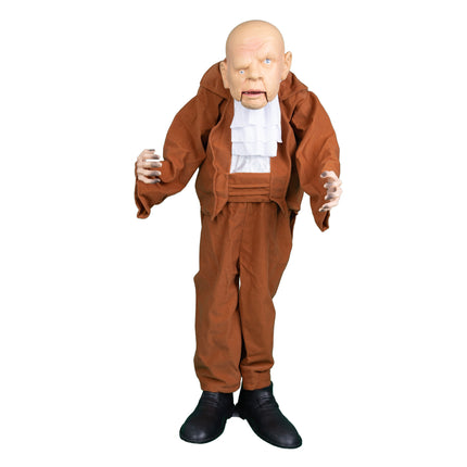 Halloween pop met kaal hoofd van 95 cm in bruin pak met witte jabot en zwarte schoenen