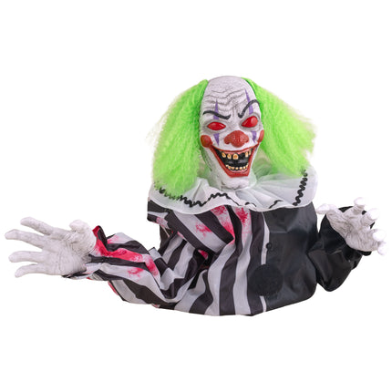 Halloween tafelclown van voren met rode ogen en rode grijns onder groen kroeshaar
