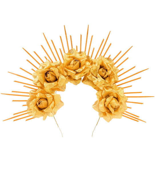 Halo met gouden rozen en stralenkrans, vijf stoffen rozen op haarband, vooraanzicht