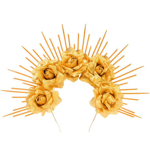 Halo met gouden rozen en stralenkrans, vijf stoffen rozen op haarband, vooraanzicht
