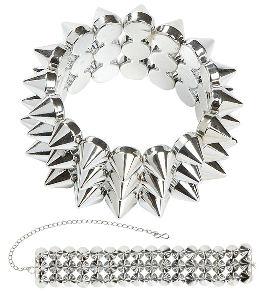 Halsband en armband met spijkers in zilver, armband met kegelvormige punten en halsband met kettinkje