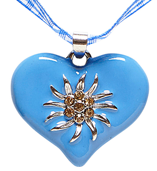 Halsketting met azuurblauw hart en zilverkleurige edelweiss met strassteentjes, close-up