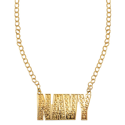 Halsketting navy goudkleurig met NAVY-letterhanger aan ovale schakelketting