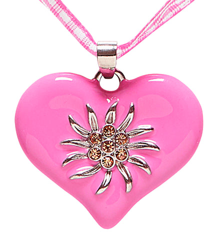 Halsketting met roze hart en edelweiss, zilverkleurige bloem met strass op glanzend roze hart
