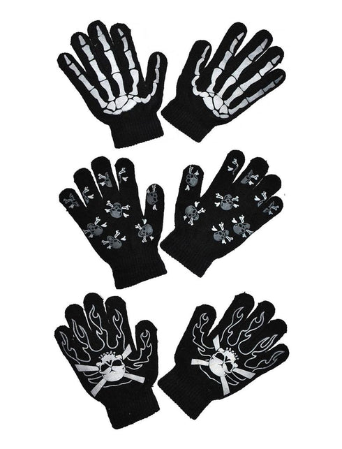 Handschoenen met botten in drie zwarte printvarianten: skelethand, schedels en vlammen, voor Halloween