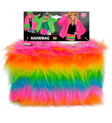 Handtas neon regenboog pluche op verpakkingskaart, langharig kunstpluche in felle kleuren